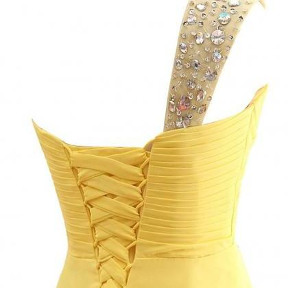 One Shoulder Yellow Prom Dresses Formal Party..