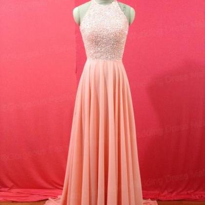 A Line Beaded Appliques Open Back Chiffon Long Prom dress LBQ0074 main image 1