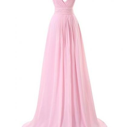 Simple Pink Chiffon V-neck Backless Evening Prom..
