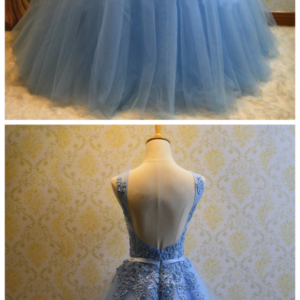 Ball Gown Blue Prom Dress,tulle Appliques Prom..