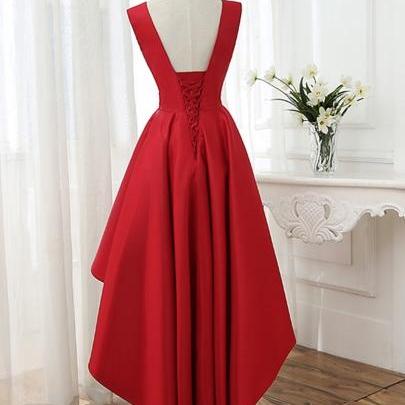 Red Beaded V-neck A-line Asymmetric Prom Dresses