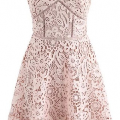 Lace Spaghetti Straps Above-knee Pink Lace..