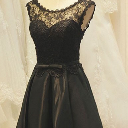 A-line Crew Neck Black Satin Homecoming Dress With..