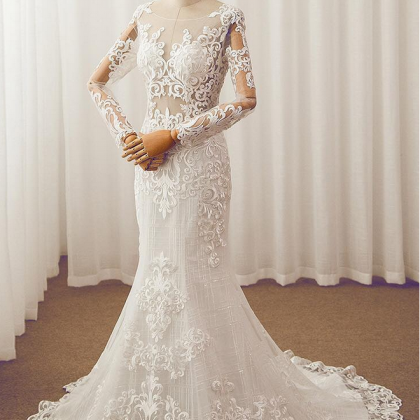 Sheer Lace Appliqués Mermaid Wedding Dress With..