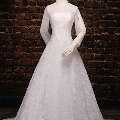 Long Sleeved High Collar White Lace Wedding..