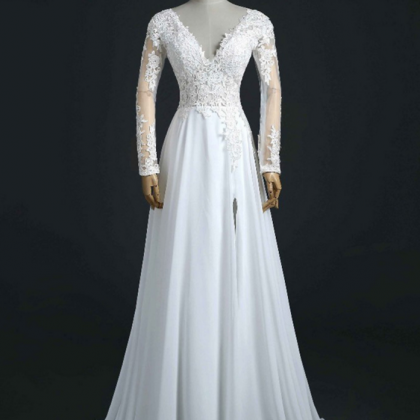 Long Wedding Dress, Lace Wedding Dress, Chiffon..