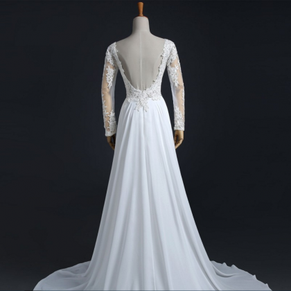 Long Wedding Dress, Lace Wedding Dress, Chiffon..