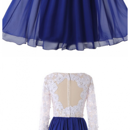 Royal Blue Chiffon White Lace Top Evening Dresses..
