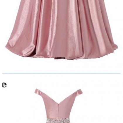 Pink Stretch Satin Beaded Waist Evening Dresses..