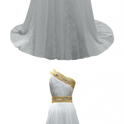 White Chiffon Pleats Gold Beaded Evening Dresses,..