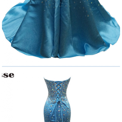 Mermaid Blue Satin Beaded Evening Dresses,..