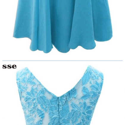 Blue Chiffon Lace Top Short Evening Dresses,..