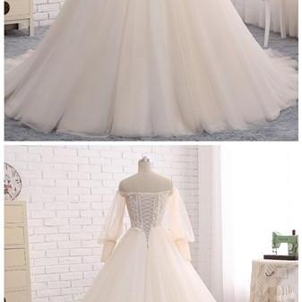 Wedding Dress, Appliqued Floral Long Sleeve Lace..
