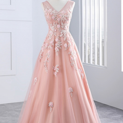 Pink Long Evening Dresses, Party Tulle Appliques A..