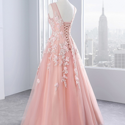 Pink Long Evening Dresses, Party Tulle Appliques A..