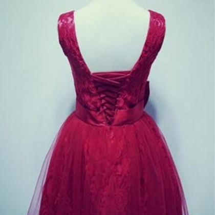Red V-neck Lace Short Lace Up Open Back Homecoming..