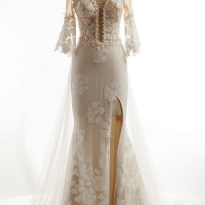 Mermaid Tulle Wedding Dress, Long Sleeve Wedding..