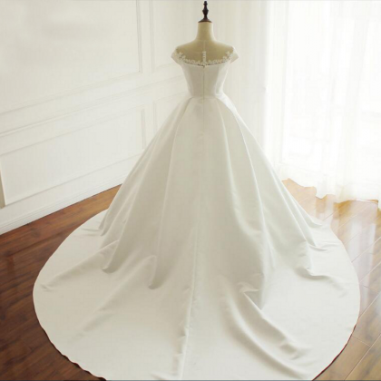 Satin Ball Gown Wedding Dress With Cap Sleeves And..