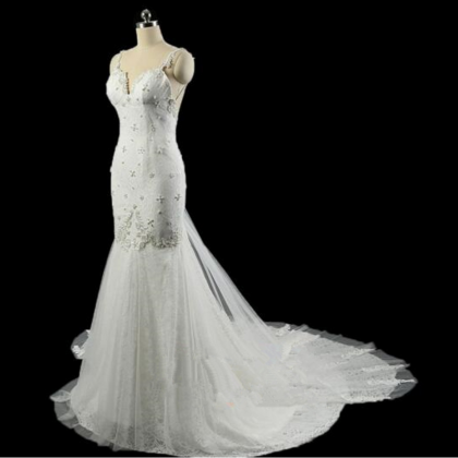 Sleeveless V-neck Beaded Mermaid Wedding Dress..