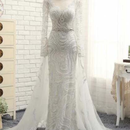 Sheer Beaded Mermaid Wedding Dress With Long..