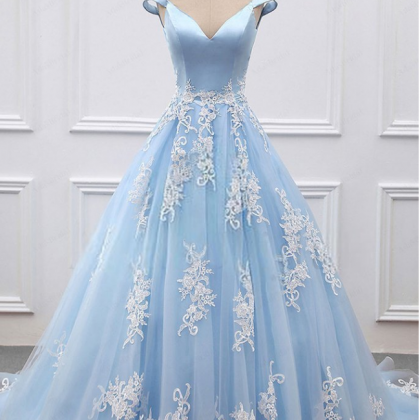 Sexy Blue Prom Dresses Ball Gowns Long Blue Tulle Appliques Appliques ...
