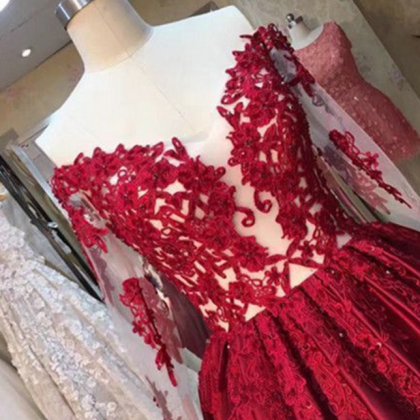 Long Sleeves Red Ball Gown