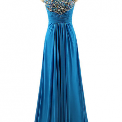 Blue Beaded Prom Dresses Sheer Floor Length Evening Dress Formal Party ...