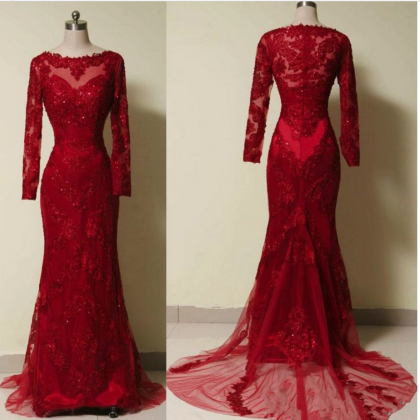 Red Prom Dresses, Wine Red Lace Applique With..