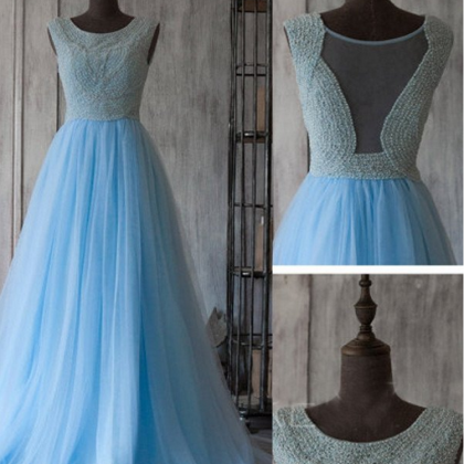 Blue Round Sleeveless Beaded Tulle A-line Long..