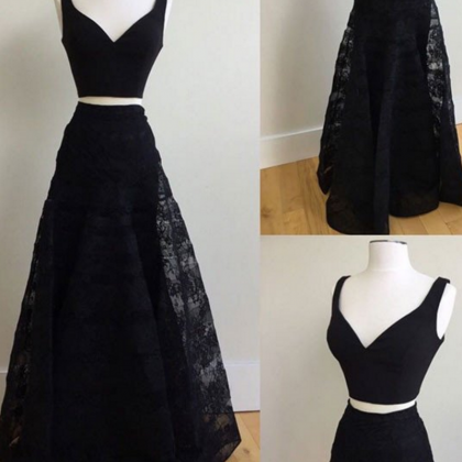 Prom Dresses ,two Pieces Long Black Lace Prom..