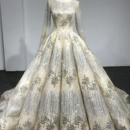 Long Sleeve Luxury Diamond Sparkly Wedding Dress