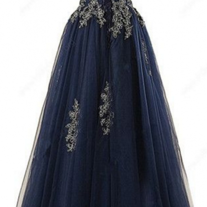 Strapless Navy Prom Dress With Appliques Evening..