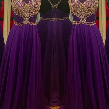 Illusion Neck Beaded Purple Prom Dress With Open..