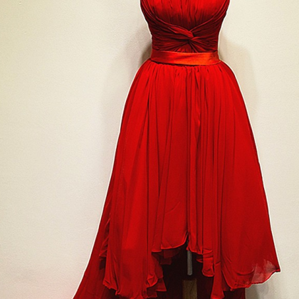 Cute High Low Spaghetti Straps Red Chiffon Layers Prom Dresses Evening Dress