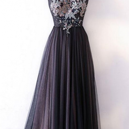 Black Tulle V Neck Long Embroidery Evening Dress,..