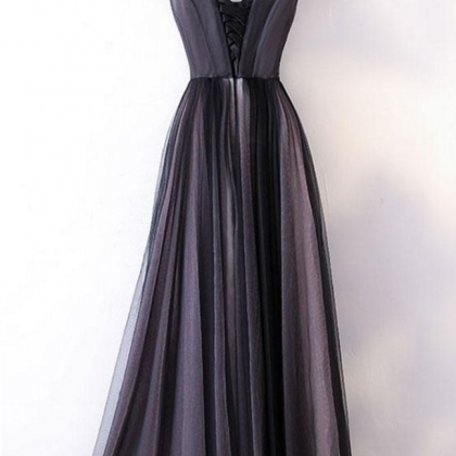 Black Tulle V Neck Long Embroidery Evening Dress,..