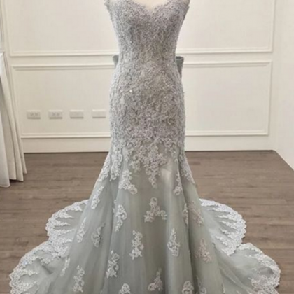Elegant Silver Lace Mermaid Prom Dress, Bow Back..
