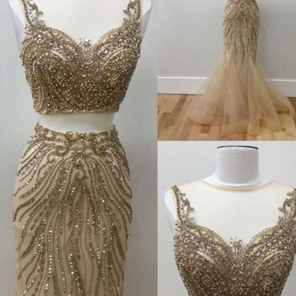 Elegant Two Piece Prom Dress,beaded Prom..
