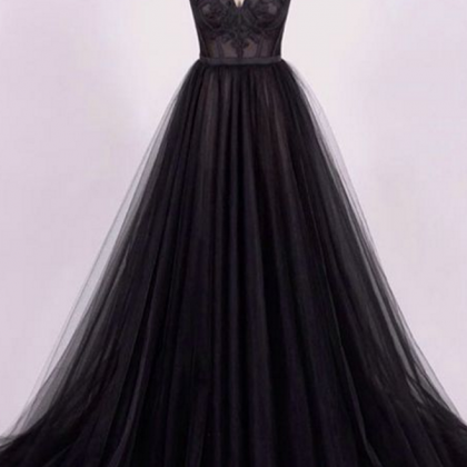 Elegant A-line Sweetheart Prom Dress, Black Tulle..