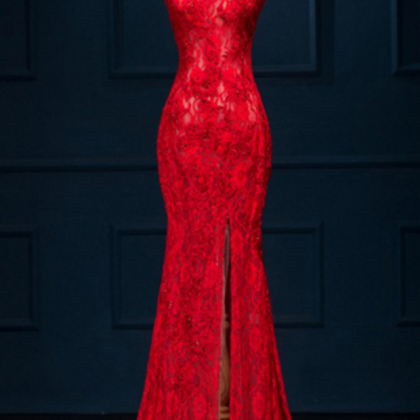 Long Prom Dress, Mermaid Prom Dress, Sexy Red Lace..