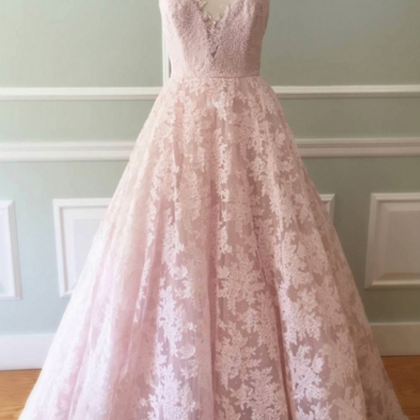 Blush Pink Sheer Lace A-line Floor-length Prom..
