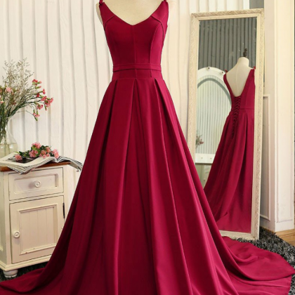 Elegant A-line Prom Dress, Backless Wine Red Prom..