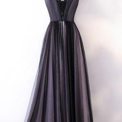 Black V Neck Tulle Applique Long Prom Dress, Black..