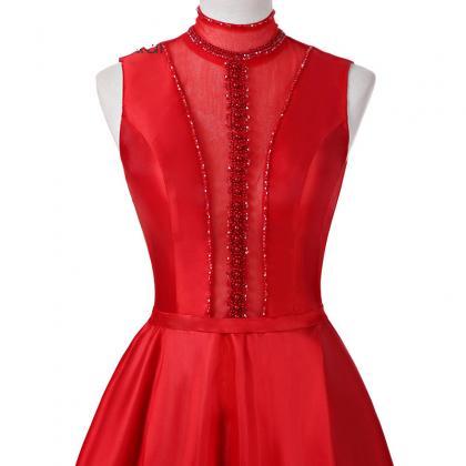 Custom Made Red High Neck Sequin Satin Lace-up..