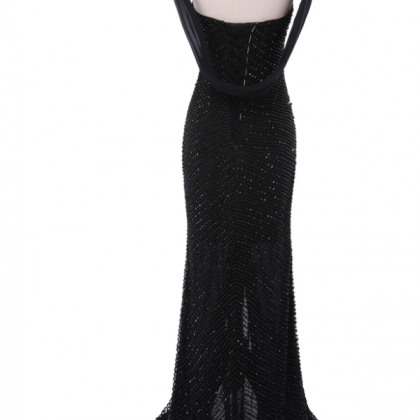 Elegant Black Open Back Chiffon Mermaid Prom..