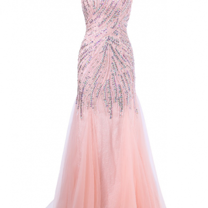 The Pink Beaded Long Party Dress For The Evening..