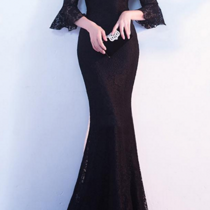 Black V-neck Lace Mermaid Floor-length Prom Dress,..