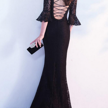Black V-neck Lace Mermaid Floor-length Prom Dress,..