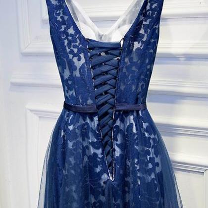 Dark Blue Tulle Lace V-neck Lace Up Dress Prom..