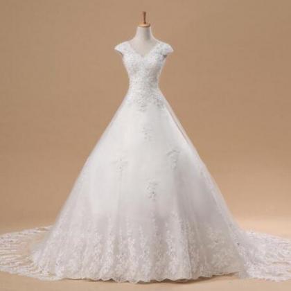 Romantic Lace Up A-line Wedding Dresses V-neck..